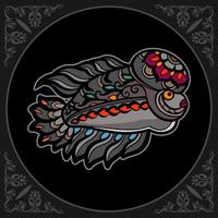 artes coloridas da mandala dos peixes do chifre da flor isoladas no fundo preto vetor
