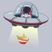 astronauta bonito pegando macarrão ramen com desenhos animados de ufo. conceito de ícone de astronauta. estilo cartoon plana. adequado para página de destino da web, banner, panfleto, adesivo, cartão vetor