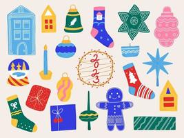ano novo definir elementos de natal em estilo desenhado à mão. ícones isolados, adesivos para o design de folhetos, convites. vetor