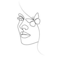 cabeça de mulher com olhos de borboleta linear elegante estilo de arte de uma linha vetor