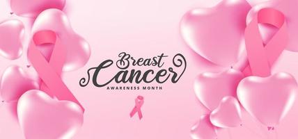 balões e fitas coração rosa mês de conscientização do câncer de mama vetor