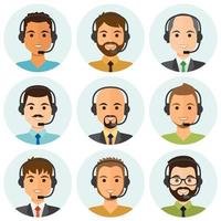 agentes de call center masculinos em volta de avatares vetor