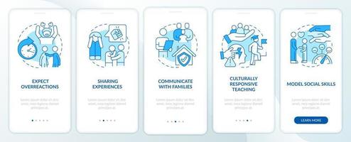 trauma informado ensinando a tela do aplicativo móvel de integração azul. educação passo a passo 5 passos páginas de instruções gráficas com conceitos lineares. ui, ux, modelo de gui. vetor