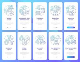 tipos de cooperativas de negócios conjunto de tela de aplicativo móvel de integração de gradiente azul. passo a passo 5 passos páginas de instruções gráficas com conceitos lineares. ui, ux, modelo de gui. vetor