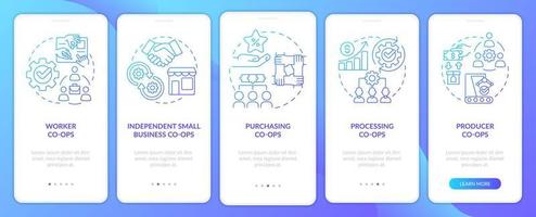 tipos de tela de aplicativo móvel de integração de gradiente azul co-ops. passo a passo de negócios 5 passos páginas de instruções gráficas com conceitos lineares. ui, ux, modelo de gui. vetor