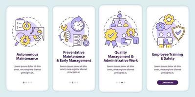 tela de aplicativo móvel de integração de manutenção produtiva total. passo a passo 4 passos páginas de instruções gráficas com conceitos lineares. ui, ux, modelo de gui. vetor
