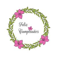 feliz aniversário feliz cumpleanos, escrito em língua espanhola, coroa de flores doodle, desenhada à mão. vetor