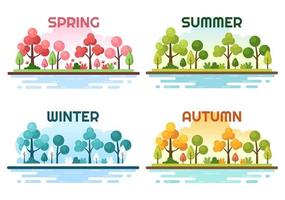 cenário das quatro estações da natureza com paisagem primavera, verão, outono e inverno no modelo de ilustração de estilo plano de desenho animado desenhado à mão vetor
