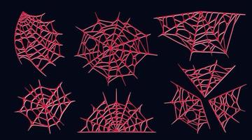 teia de aranha conjunto isolado em fundo escuro. assustadoras teias de aranha vermelhas de halloween. ilustração vetorial vetor