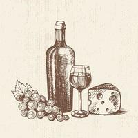garrafa de vinho desenhada à mão com um copo, cacho de uvas e um pedaço de queijo. desenho vetorial, ilustração de alimentos orgânicos vetor