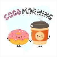 bonito café feliz e cartão de rosquinha rosa. vector mão desenhada doodle estilo cartoon personagem ilustração ícone design. cartão de conceito de amigos de café e rosquinha rosa feliz