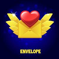 ícone de envelope dourado com coração de vida para o jogo. carta de ilustração vetorial com asas para design gráfico. vetor