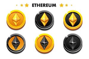 vector ouro e moedas de ethereum de cores pretas. criptomoeda, defina a moeda da internet ethereum do futuro.