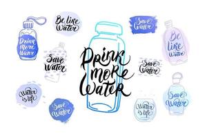 lettering sobre os benefícios da água, texturas em aquarela e desenho de várias garrafas de água. definir vetor