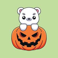 lindo urso polar de abóbora de halloween mascote de desenho animado doodle arte conceito desenhado à mão ilustração de ícone kawaii do vetor