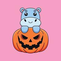 fofo abóbora hipopótamo halloween cartoon mascote doodle arte mão desenhada conceito vetor ilustração de ícone kawaii