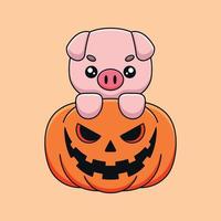 lindo porco de abóbora halloween cartoon mascote doodle arte conceito desenhado à mão vetor ilustração de ícone kawaii
