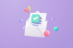 Ícone de envelope de correio 3D com nova mensagem de notificação sobre fundo roxo. carta de e-mail mínima com ícone de leitura de papel de carta. conceito de mensagem vetor 3d renderizar fundo pastel isolado
