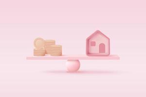 Moeda de dinheiro 3d compara casa na balança, investimento financeiro, economia de dinheiro, troca de dinheiro com casa, conceito financeiro de gerenciamento de empréstimos à habitação. renderização de vetor de equilíbrio de propriedade 3D em fundo rosa