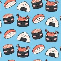 sem costura padrão com sushi engraçado no estilo kawaii. ilustração vetorial. estilo de desenho animado. imprimir com caracteres de sushi. vetor