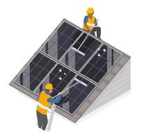 Célula solar no telhado, usina de energia no telhado, manutenção da equipe de serviço limpo vetor