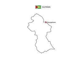 mão desenhar vetor de linha preta fina do mapa da Guiana com capital georgetown em fundo branco.