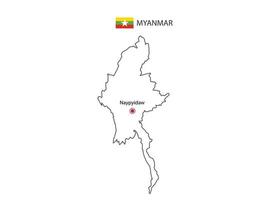 mão desenhar vetor de linha preta fina do mapa de mianmar com capital naypyidaw em fundo branco.