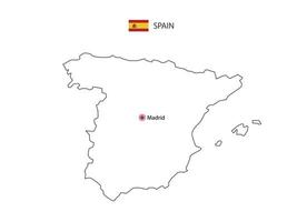 mão desenhar vetor de linha preta fina do mapa da espanha com capital madrid em fundo branco.