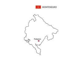 mão desenhar vetor de linha preta fina do mapa de montenegro com capital podgorica em fundo branco.