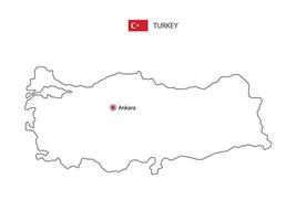 mão desenhar vetor de linha preta fina do mapa da turquia com capital ancara em fundo branco.