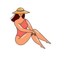 garota de maiô, férias de verão na praia. mulher no mar. positividade corporal e amor próprio. pessoas bonitas. ilustração de estilo doodle vetor