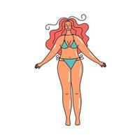 garota de maiô, férias de verão na praia. mulher no mar. positividade corporal e amor próprio. pessoas bonitas. ilustração de estilo doodle vetor