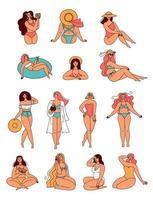conjunto de meninas em trajes de banho, coleção de praia de verão. mulheres de férias. positividade corporal e amor próprio. pessoas bonitas. ilustração de estilo doodle vetor