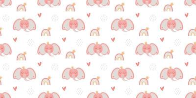 padrão de menina rosa. fundo doce menina rosa. design sem emenda de vetor rosa. padrão de bebê elefante. ilustração de princesa infantil. impressão sem costura bebê. fundo rosa berçário. lindo bebê arco-íris.