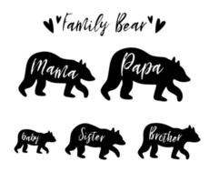 família urso mamãe urso, papai, irmã, irmão, bebê urso conjunto. clipart de família. silhueta de urso simples para crianças têxteis, roupas, vestuário, convites, cartões, design de camiseta fofa. ilustração vetorial. vetor