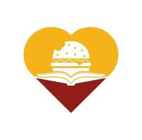 vetor de design de logotipo de conceito de forma de coração de livro de hambúrguer. livros e logotipo de café de hambúrguer isolado vetor