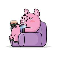 porco gordo engraçado está deitado no sofá e comendo lanche. ilustração de desenho animado vetor