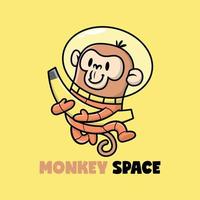 um macaco bonito em um traje de astronauta está trazendo uma grande banana. vetor de desenho animado premium.