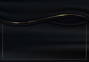 linhas abstratas de onda de cetim de tecido de cor preta de luxo 3d com decoração de linha curva dourada brilhante e iluminação de brilho de moldura dourada em fundo escuro vetor