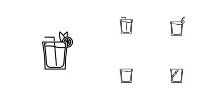 cinco conjuntos de ícones de linha de vidro de tiro. com canudo, limão e cereja. simples, linha, silhueta e estilo clean. Preto e branco. adequado para símbolos, sinais, ícones ou logotipos vetor