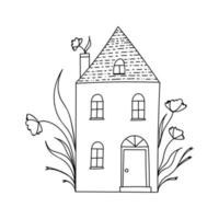 pequena casa de rabiscos preto e branco bonito com elementos florais. página para colorir. vetor