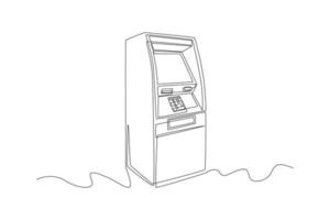 desenho contínuo de uma linha atm para transações e economia de dinheiro. caixa eletrônico. conceito de máquina atm. única linha desenhar desenho ilustração gráfica de vetor. vetor