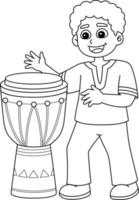 desenho de menino kwanzaa tocando djembe isolado para colorir vetor