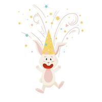 personagem de coelho. pulando e rindo engraçado, feliz aniversário coelho de desenho animado com fogos de artifício, vetor