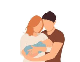 uma mulher e um homem segurando um bebê recém-nascido. mãe, pai e bebê. retrato de uma jovem família com um recém-nascido nos braços. ilustração vetorial vetor