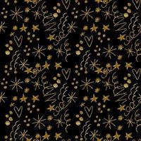 padrão perfeito com ilustração do símbolo de flocos de neve, estrelas, corações, confetes em textura de ouro em um fundo preto vetor