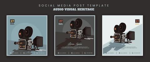 conjunto de modelo de postagem de mídia social com design de câmera de vídeo vintage para o dia do patrimônio audiovisual vetor