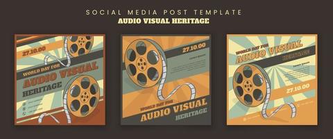 conjunto de modelo de postagem de mídia social com design de rolo de filme em design de plano de fundo vintage vetor