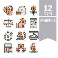 economia e linha de negócios de investimento e coleção de ícones de cores de preenchimento vetor