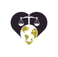 lei e globo modelo de design de logotipo de conceito de forma de coração. escalas e símbolo ou ícone do mundo. vetor
